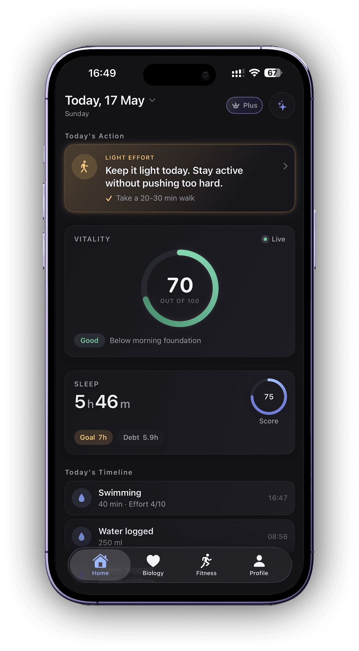 Vobbin app screenshot showing daily guidance and timeline